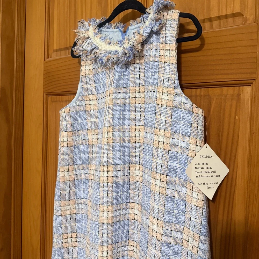 Blueberi Boulevard Boucle Blue and Cream Plaid Tweed Sleeveless Dress 16